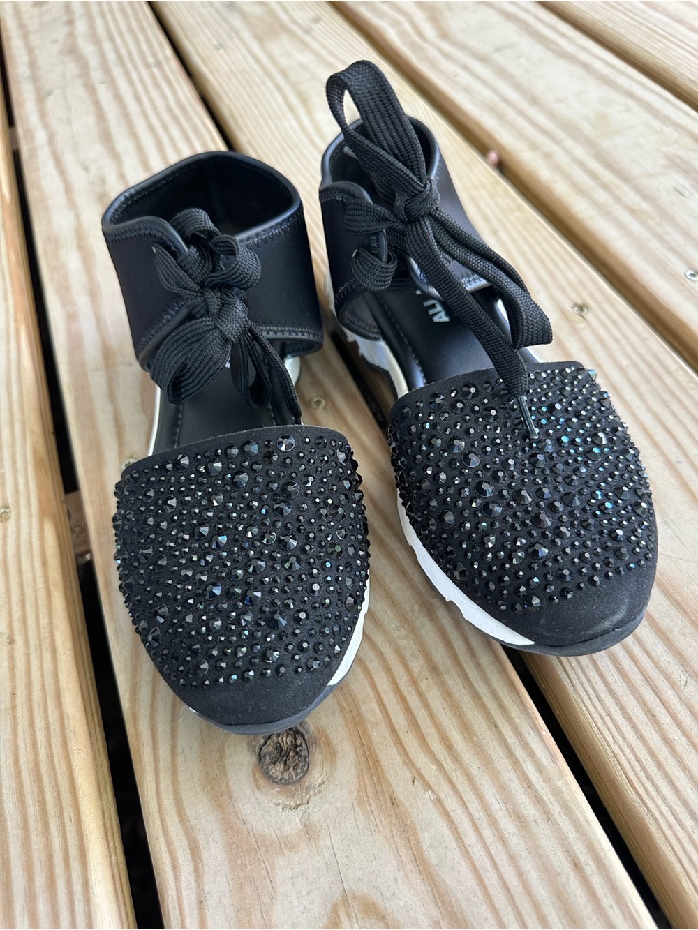 All Black Crystal-Embellished Women’s Lace-Up Sneakers